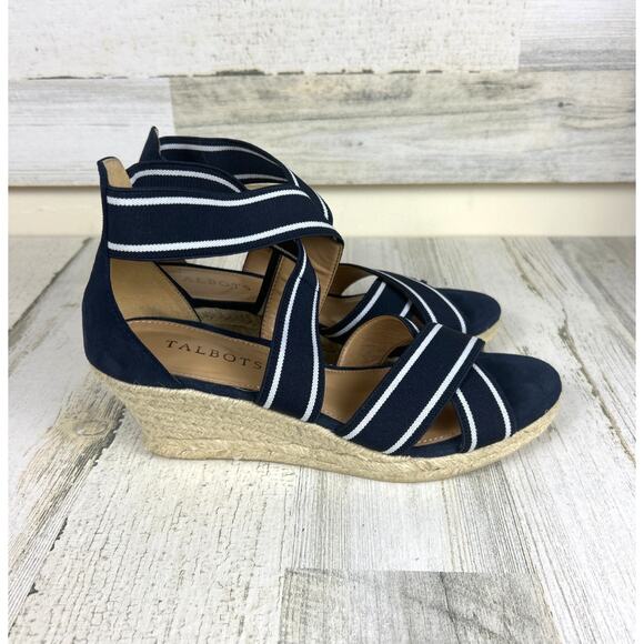 Talbots Women's 7 Navy Blue Stripe Lyndsay Espadrille Slip On Wedge Sandal - Picture 5 of 9